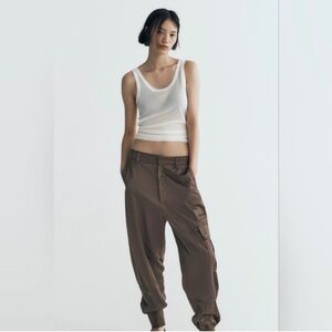 Zara Pants Satin Olive Green Cargo Joggers